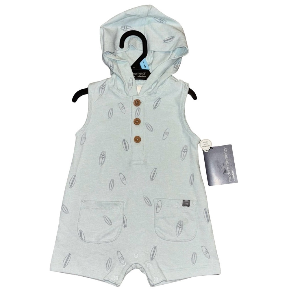 NEW! NWT Baby Boy Modern Moments Mint Green Hooded Romper Surfing Design 0-3 3-6